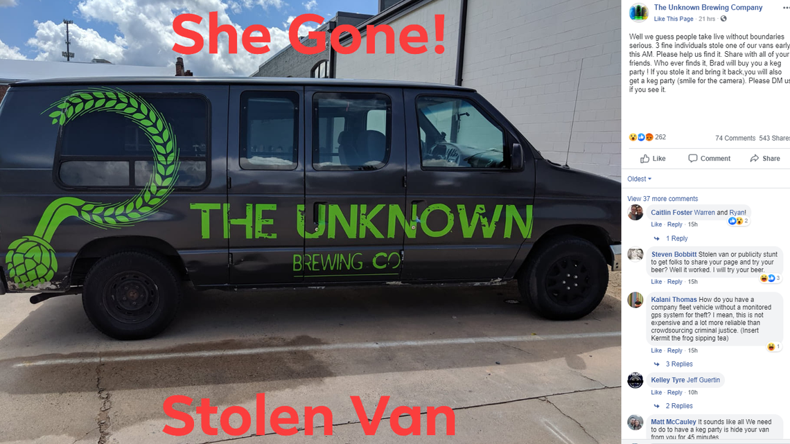 The Unknown Brewing Company’s original post about its stolen van on Monday. The company in South End is owned by Brad Shell.