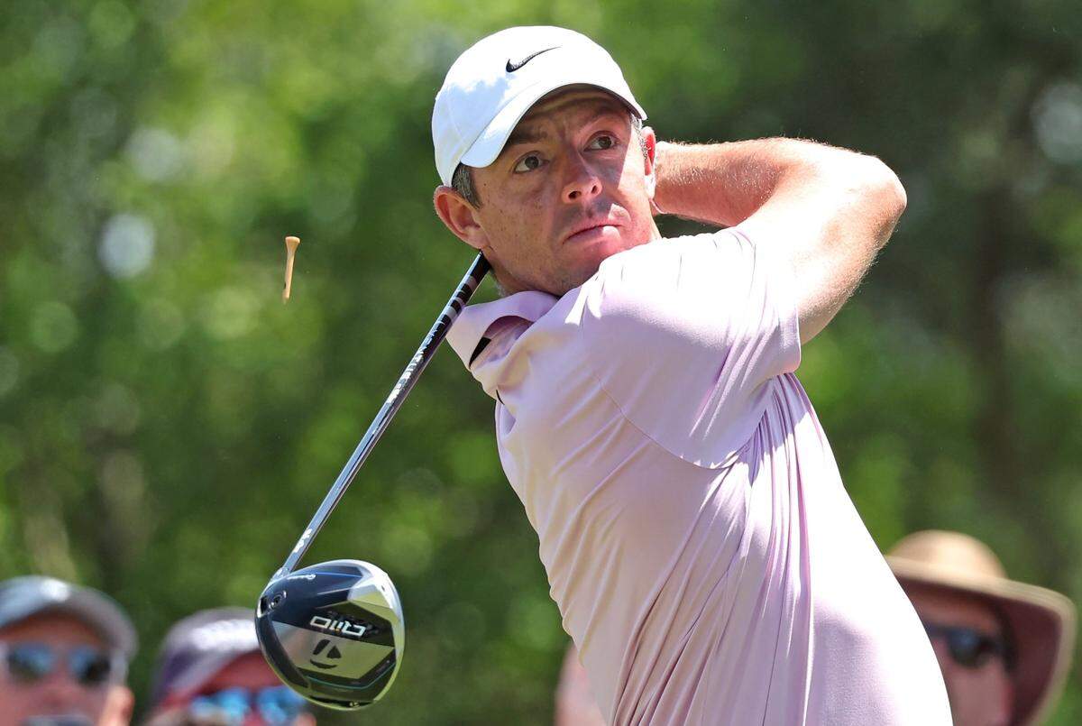 Rory McIlroy’s tee fly into the air as he watches his drive from the third tee box during the final round of the Wells Fargo Championship at Quail Hollow Club in Charlotte, NC on Sunday, May 12, 2024.