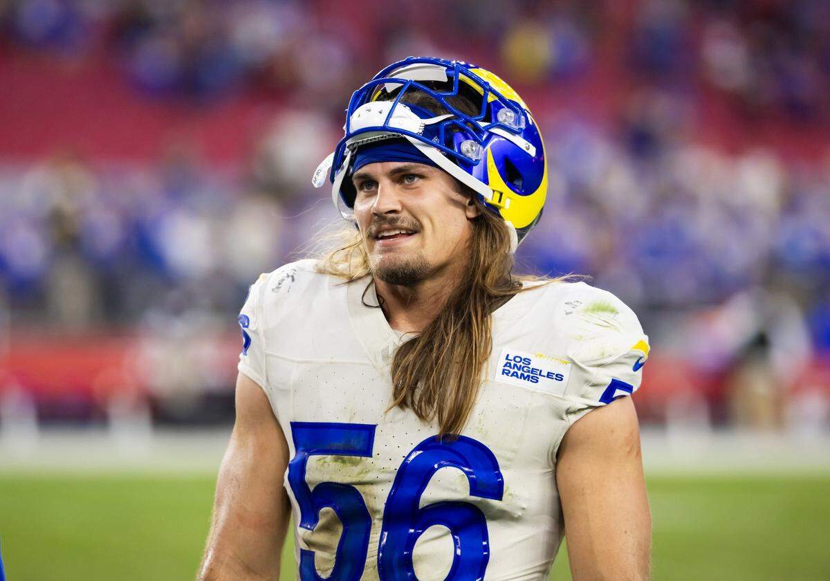 Nov 26, 2023; Glendale, Arizona, USA; Los Angeles Rams linebacker Christian Rozeboom (56) against the Arizona Cardinals at State Farm Stadium. Mandatory Credit: Mark J. Rebilas-USA TODAY Sports
