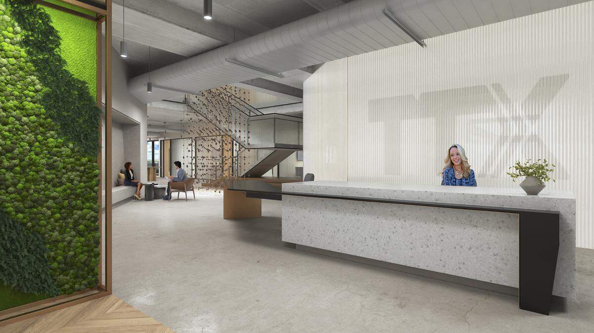 The reception space of TTX’s new Charlotte headquarters at The Line in South End.
