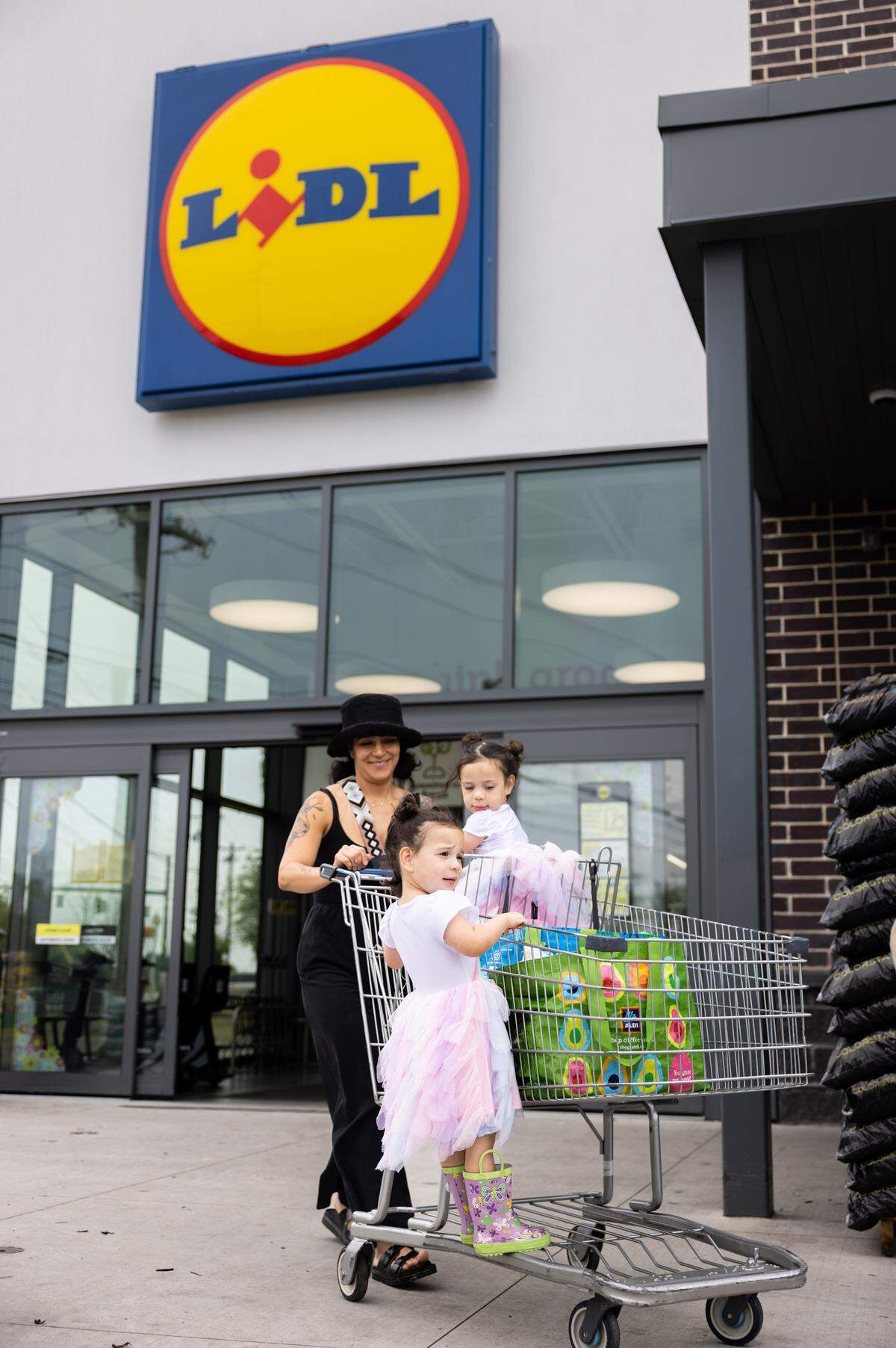Maria Colgrove pushes her cart with her twin daughters, Mia, left, and Penelope at Lidl at 11225 S. Tryon St. in Charlotte in this 2023 file photo.