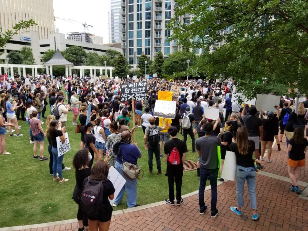 The scene at a protest Sunday, organized by T.H.U.G.L.I.F.E, at&nbsp; uptown’s Romare Bearden Park in uptown Charlotte. It was one of two protests in the city over the police killing of George Floyd in Minnesota.