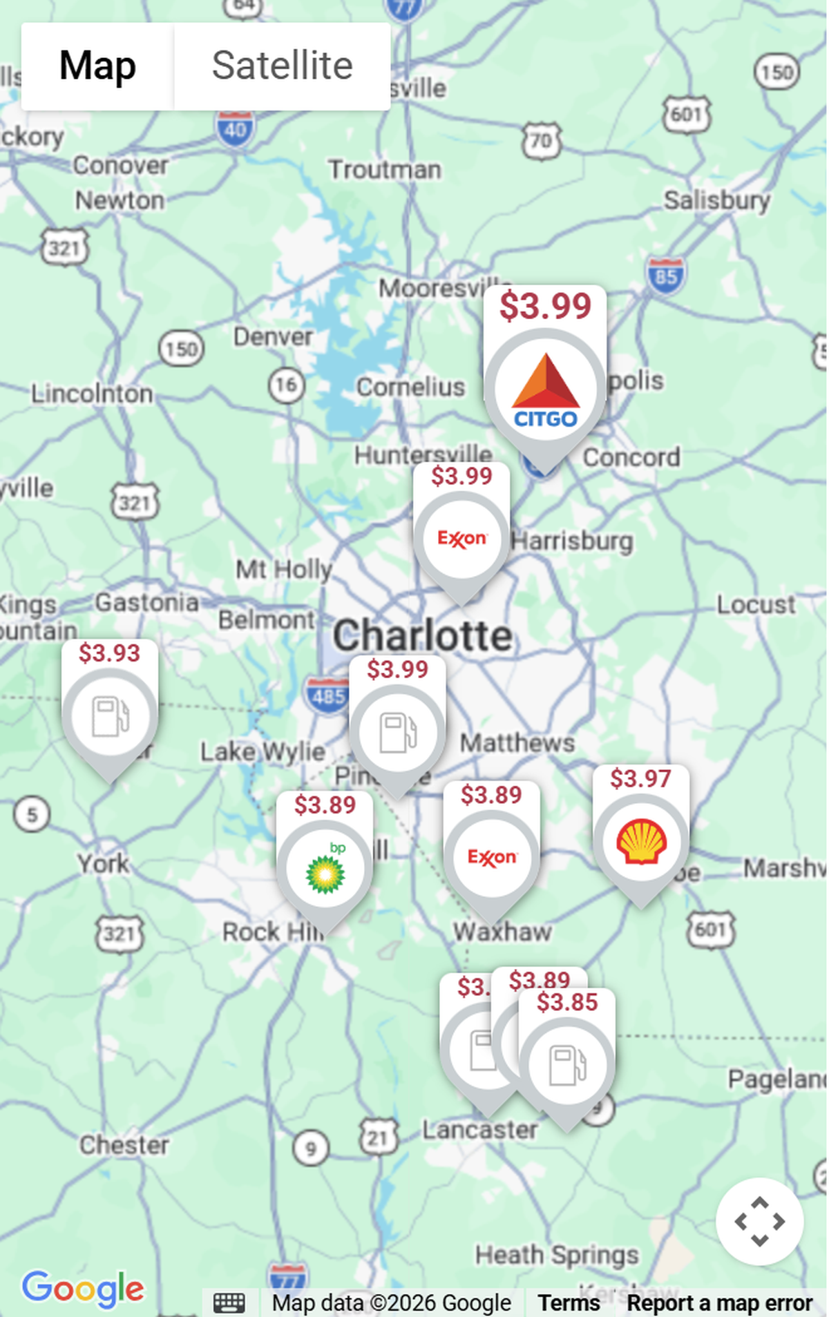 Lowest gas prices in the Charlotte area according to the GasBuddy app.