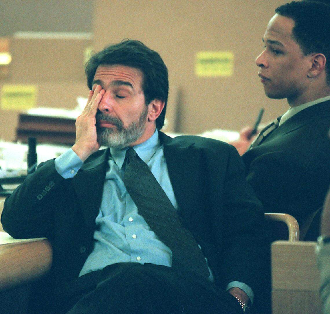 Defense attorney David Rudolf rubs his eyes after questioning witness Van Brett Watkins, who told Rudolf he could “rip you like a rag doll.” Rudolf says now that was a “once-in-a-lifetime moment.”