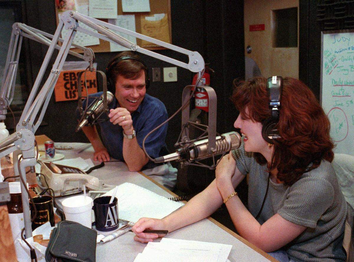 Bob Lacey and Sheri Lynch, photographed in the WLNK studio at WBT in 1995.