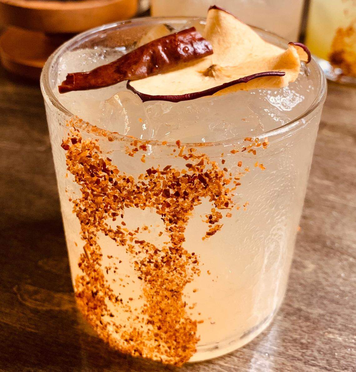 Azucar’s Matanzas cocktail, with tequila, cucumber, chile arbol, agave and lime, with a Tajin rim.