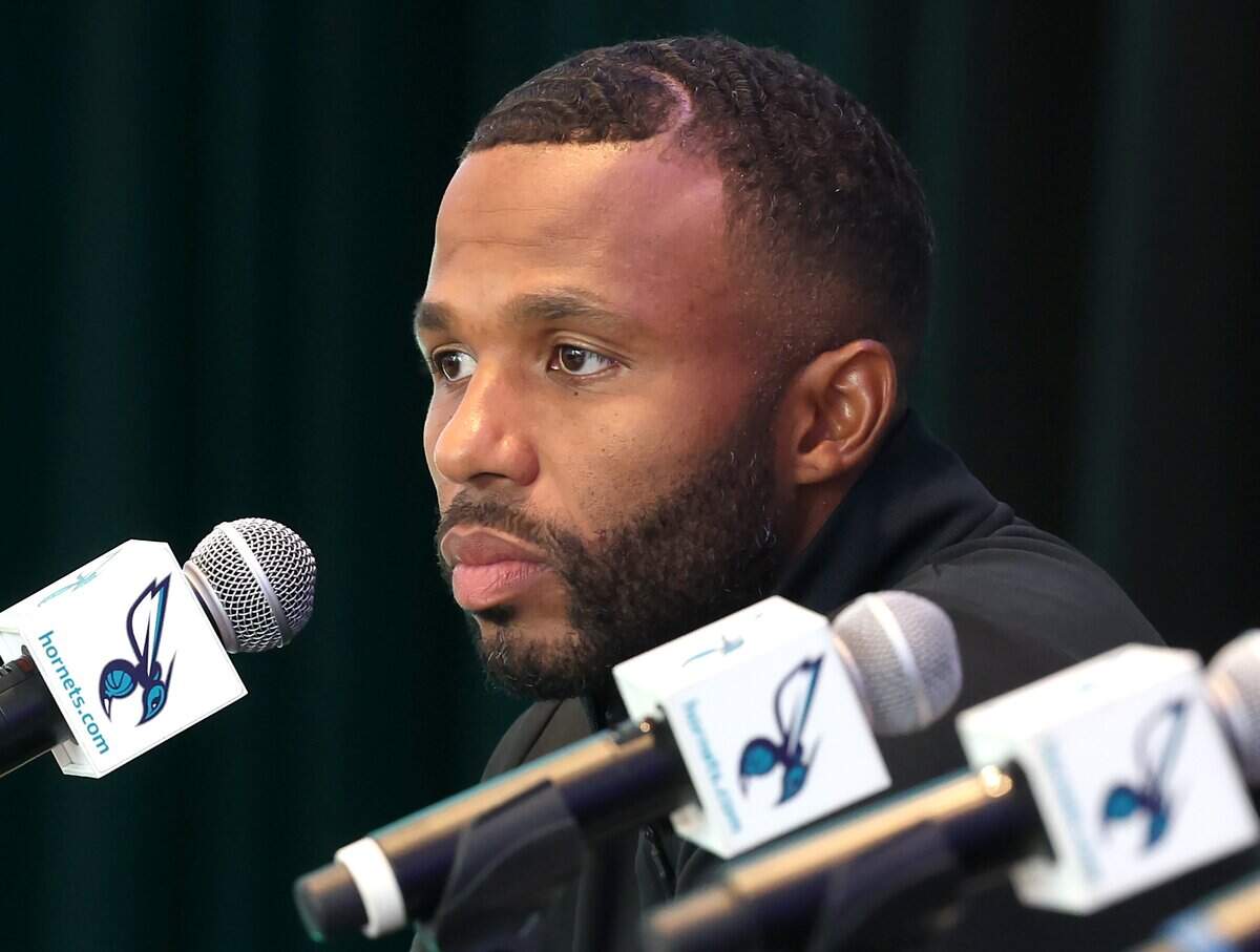 Charlotte Hornets general manager Jeff Peterson listens to a question during an introductory press conference for draft pick Hannes Steinbach and Christian Anderson at Spectrum Center in Charlotte, NC on Thursday, June 25, 2026.