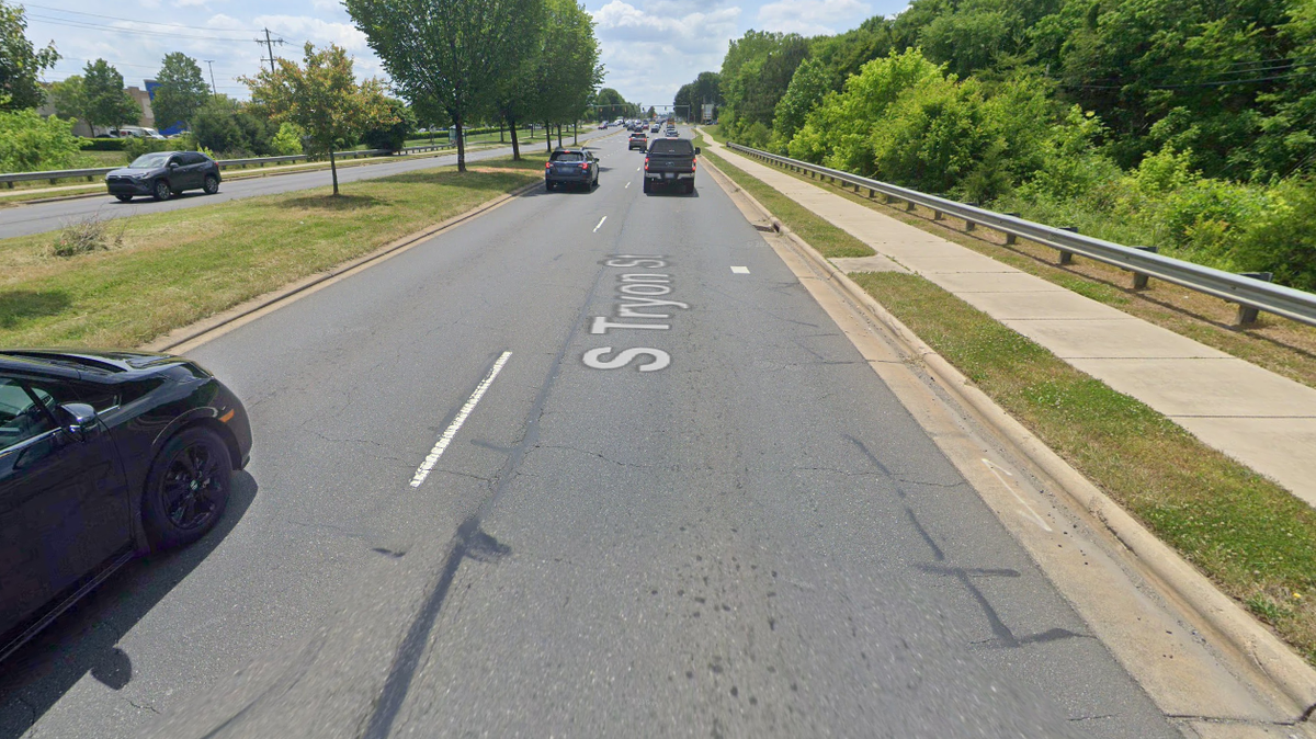 This Google Streetview image from May 2023 shows the area of South Tryon Street where a cyclist was killed in a hit-and-run crash Friday night. The driver now faces criminal charges for manslaughter and fleeing the scene.