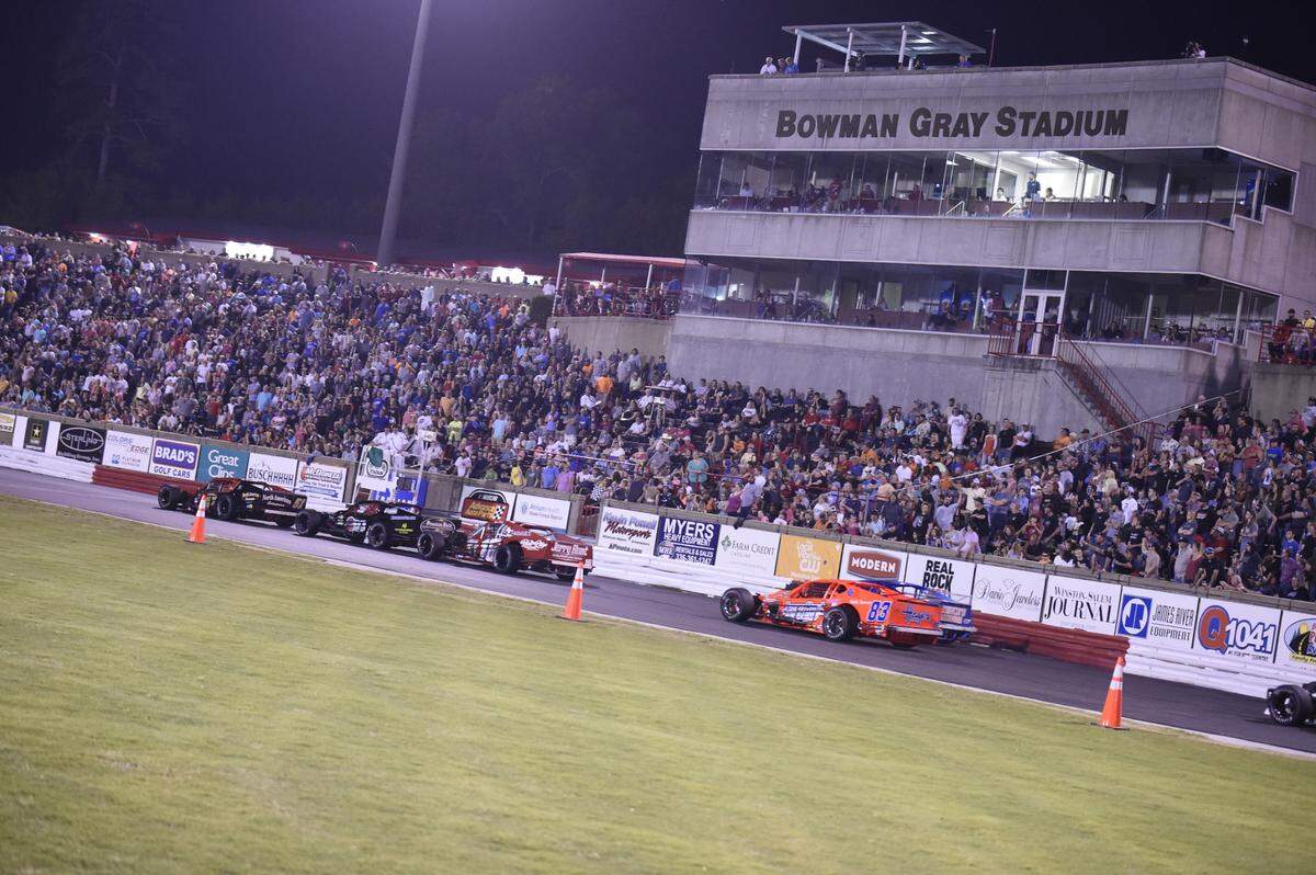 Cars on the track at Bowman Gray Stadium’s quarter-mile race track in Winston-Salem, N.C.