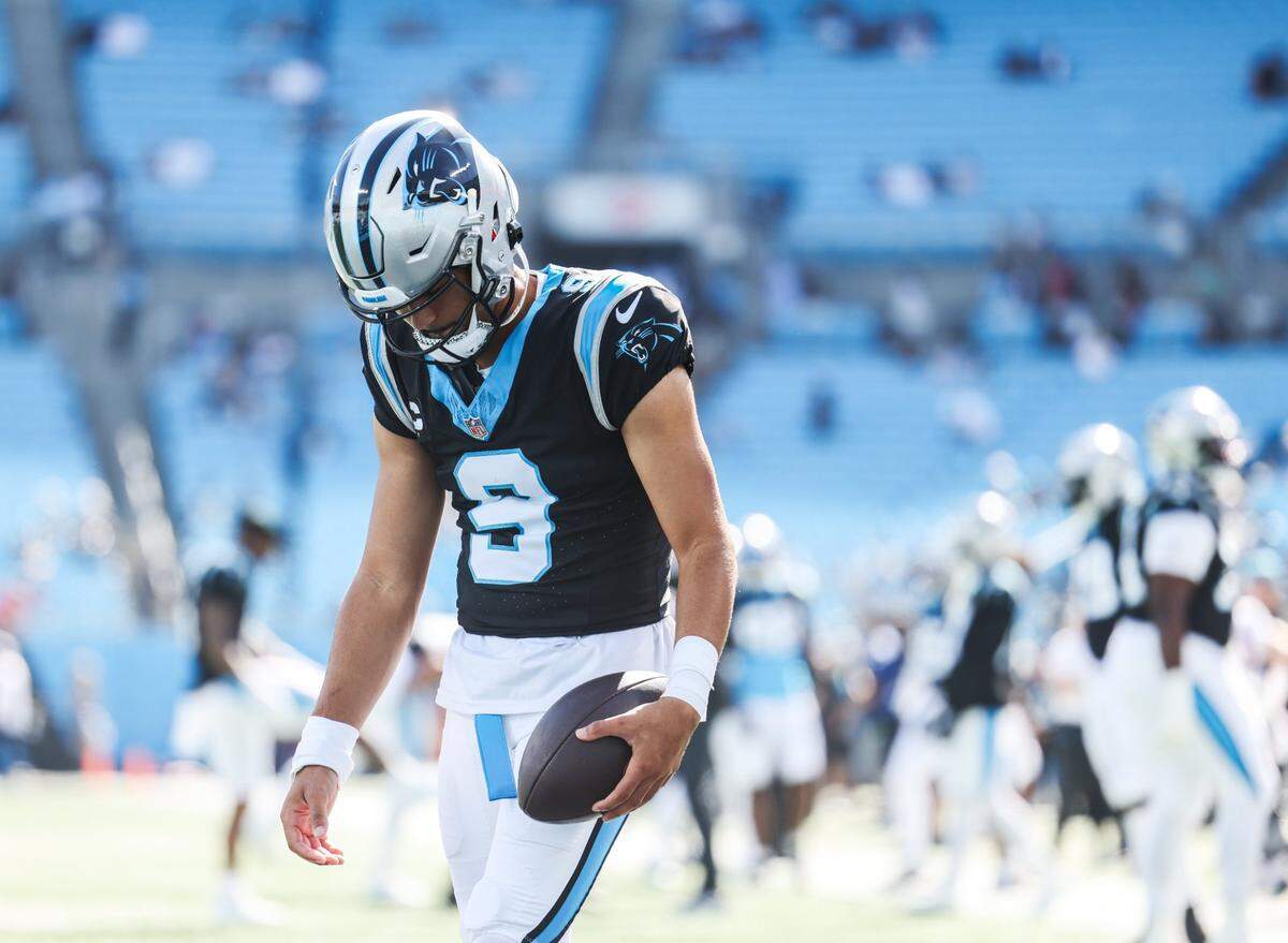 Carolina Panthers quarterback Bryce Young warms up before his game against the Houston Texans at the Bank of America Stadium in Charlotte, N.C., on Sunday, October 29, 2023.