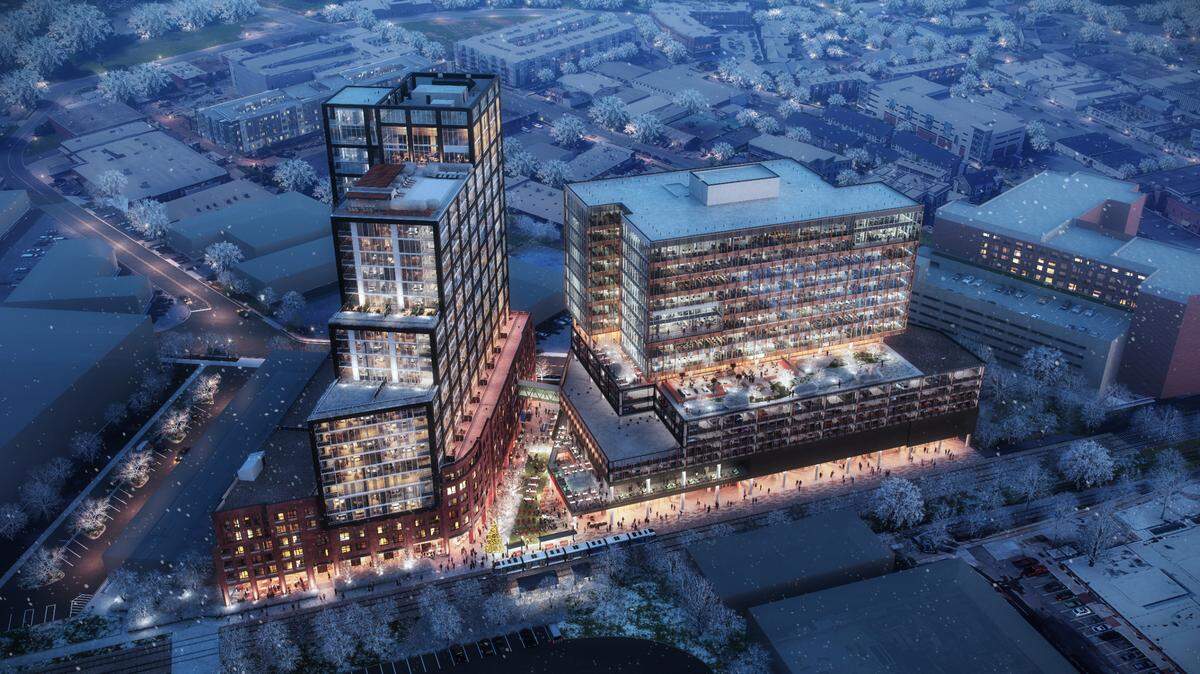 A rendering of Linea, which will share a community plaza with fellow Portman development The Line in South End.