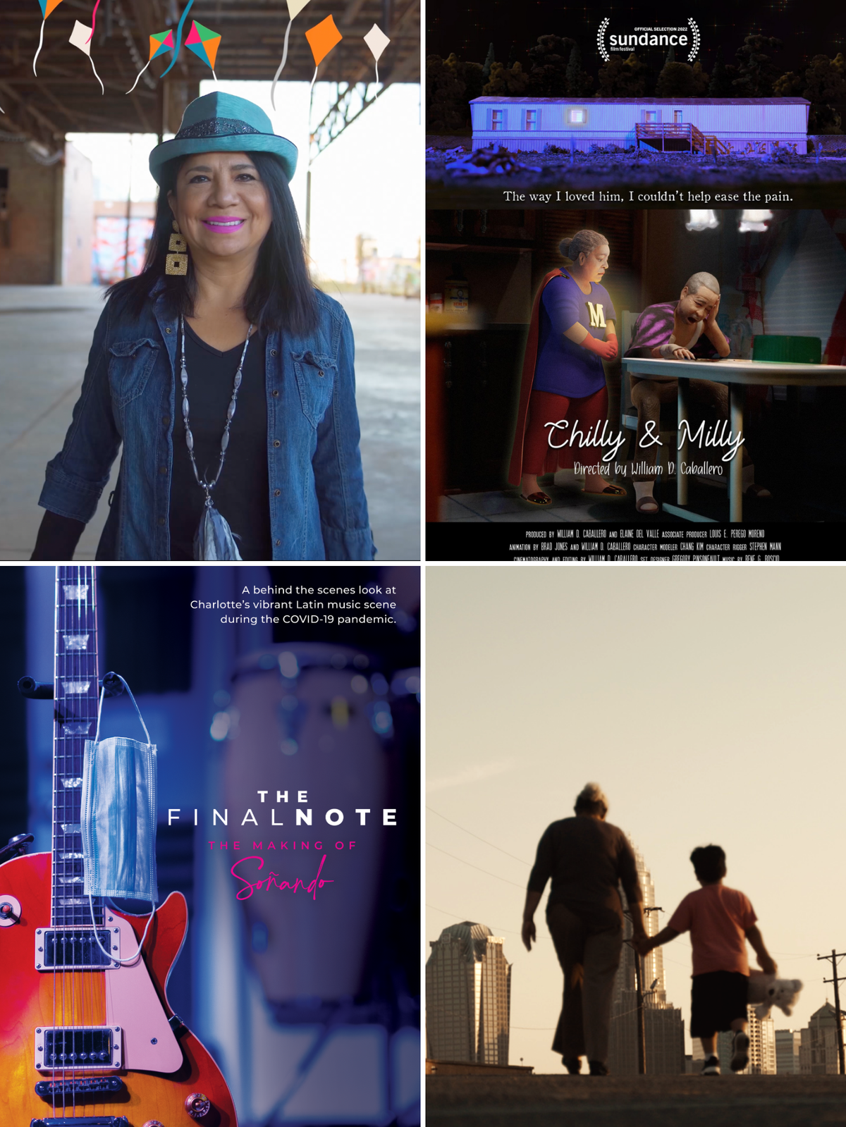 The short-film compilation “Hecho Aquí ” (or “Done Here”). Clockwise from top left: “The Magic Kite,” “Chilly & Milly,” “Abuela” and “The Final Note.”