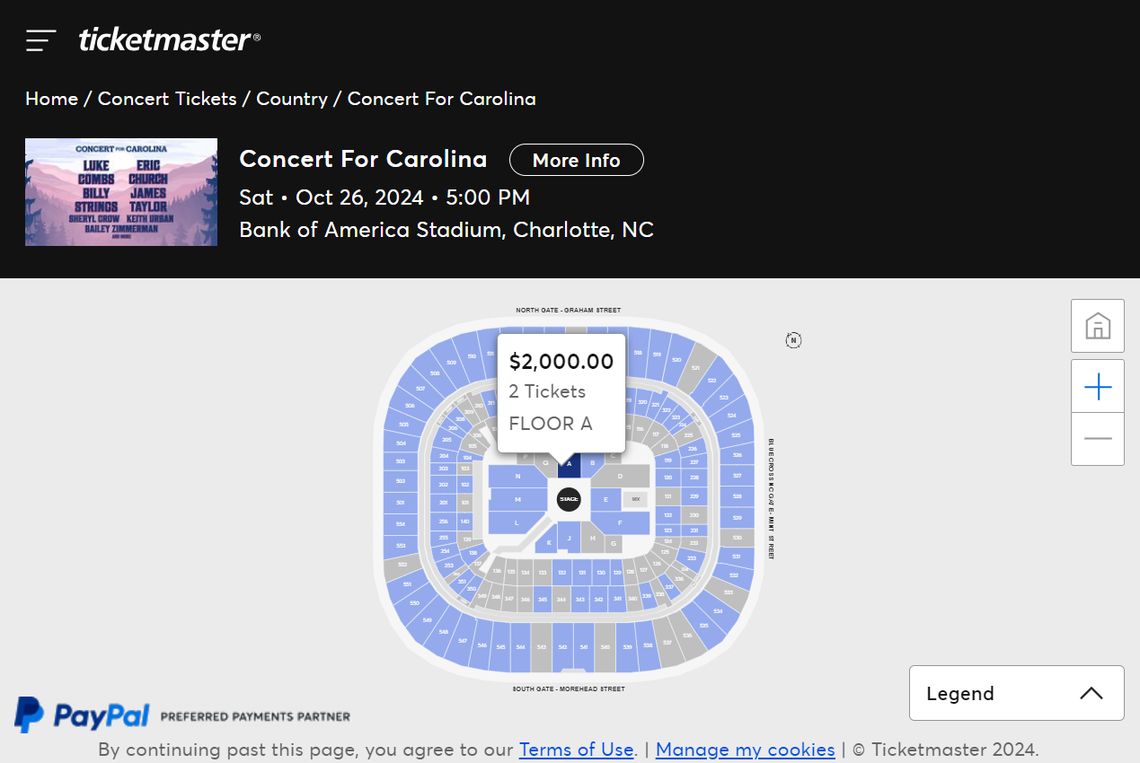 A screenshot of ticket prices for the “Concert for Carolinas” show at Bank of America Stadium.