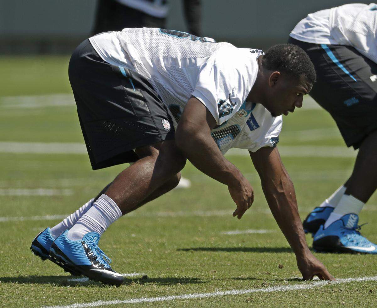 Carolina Panthers' Marquis Haynes (98) is 6-foot-3 and 235 pounds, which is undersized for his position. But he makes up for it with speed and, as he says, deceptive power.  (AP Photo/Chuck Burton)