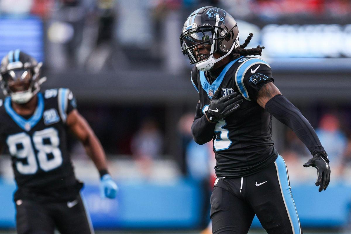 Panthers cornerback Jaycee Horn pounds his chest in celebration after sacking the Chiefs’ quarterback at Bank of America Stadium in Charlotte, NC on Sunday, November 24, 2024.