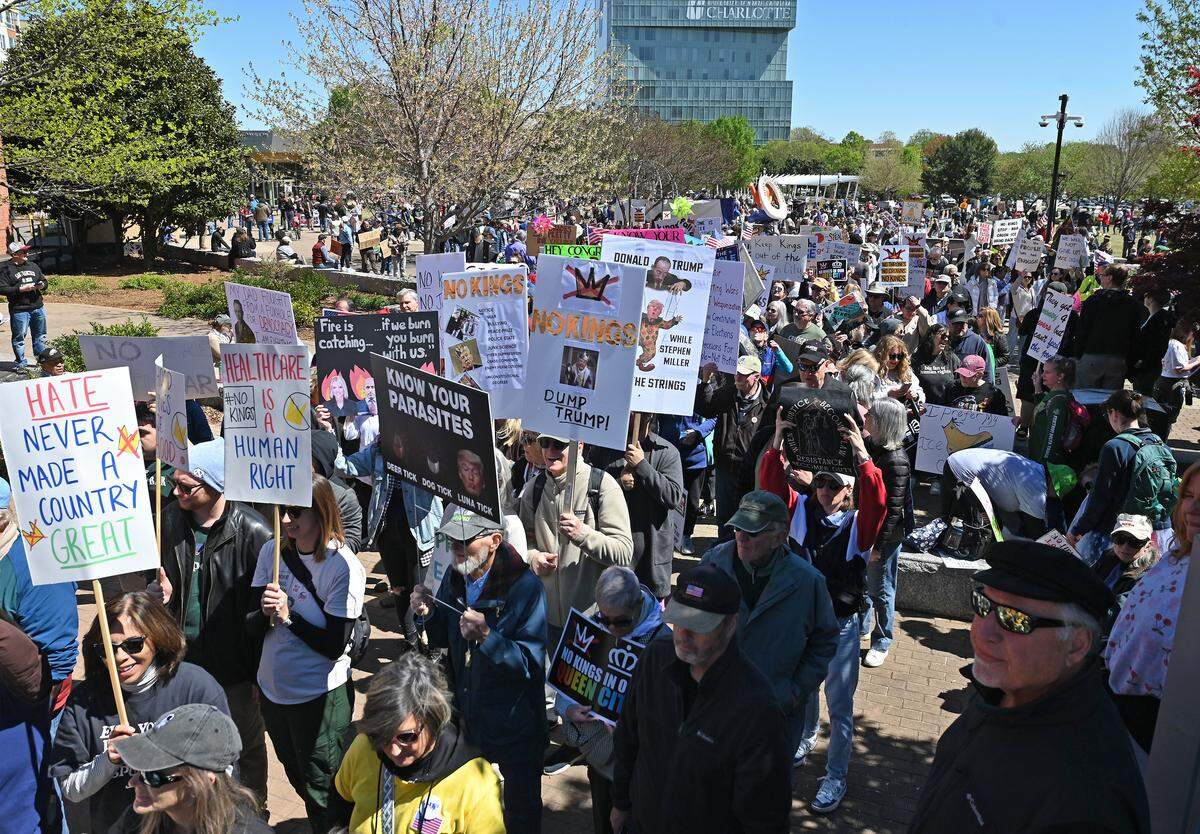 Protesters begin their march into uptown from First Ward Park in Charlotte, NC during a No Kings rally on Saturday, March 28, 2026.