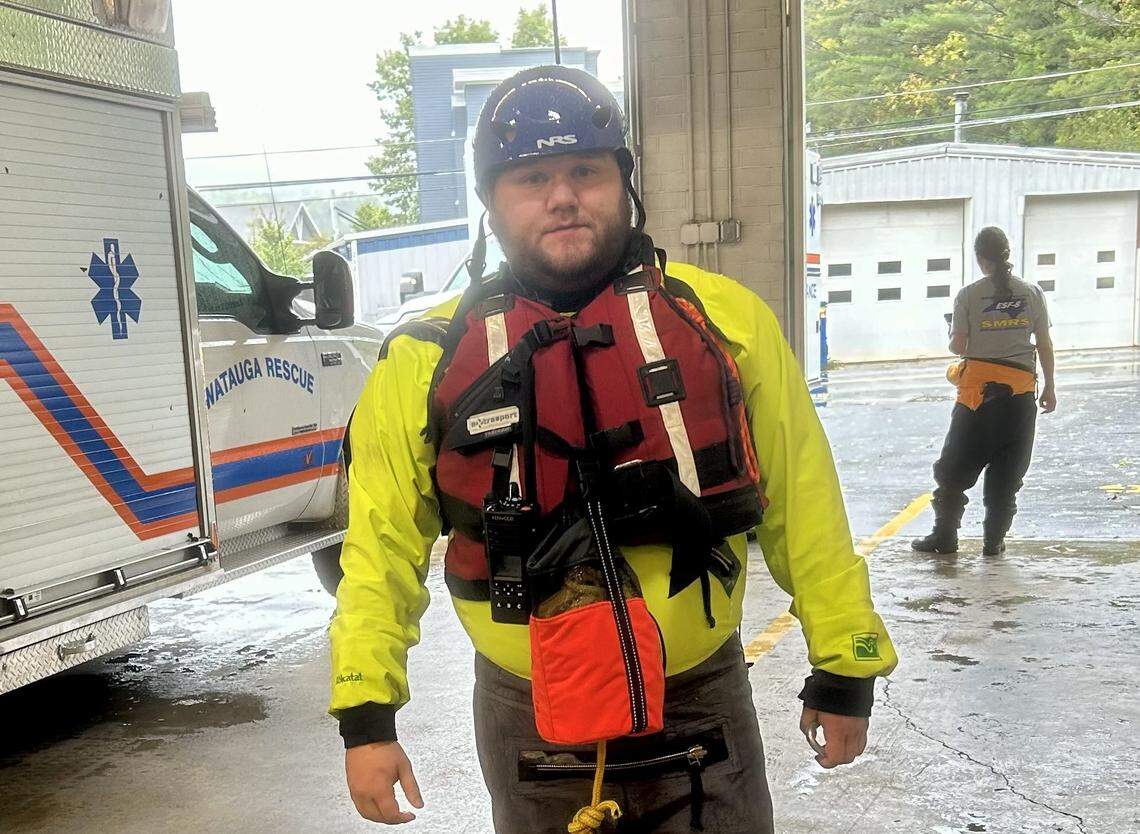 Journalist Moss Brennan in his rescue gear. Brennan spent the first few days after Hurricane Helene alternating going on first-responder calls with his duties as a journalist.