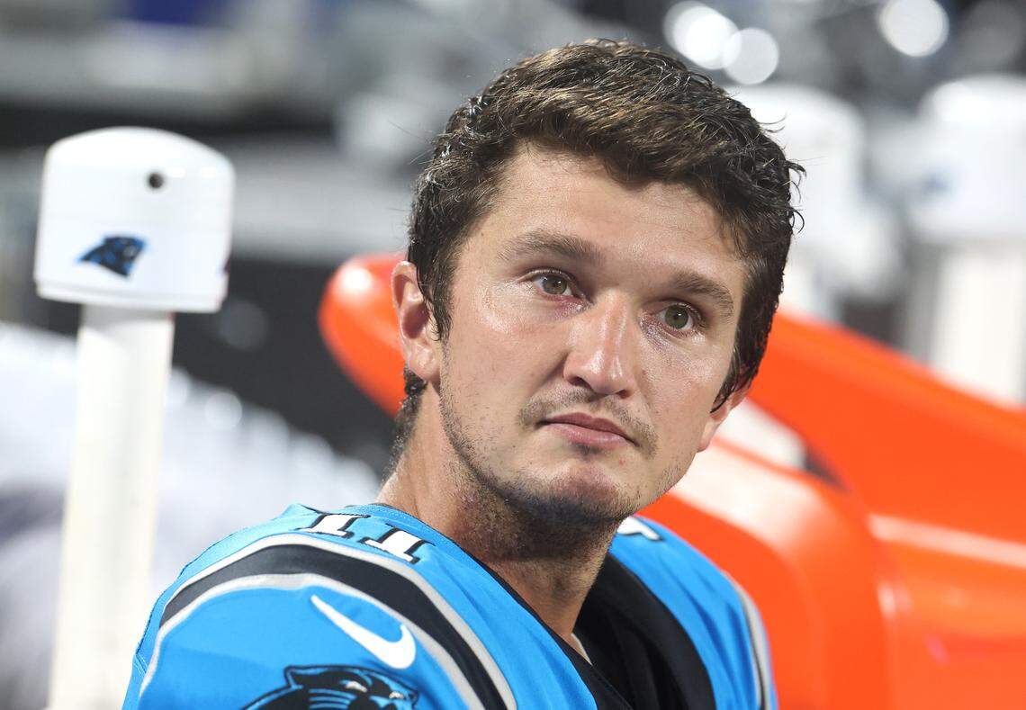 Carolina Panthers kicker Matthew Wright sits on the team’s bench during second half action against the Detroit Lions on Friday, August 25, 2023 at Bank of America Stadium in Charlotte, NC. Wright was among the team’s first 11 roster cuts on Saturday, August 26, 2023.