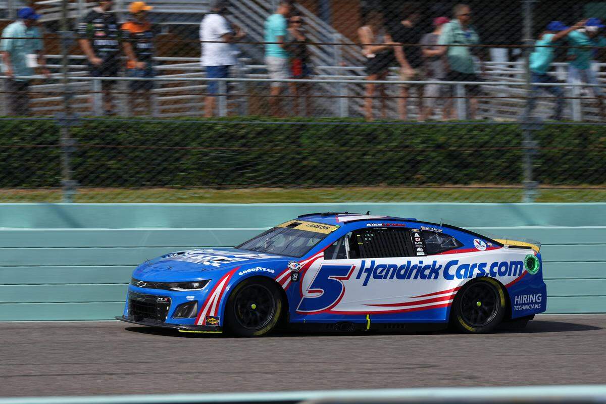 Oct 22, 2023; Homestead, Florida, USA; NASCAR Cup Series driver Kyle Larson (5) during the 4EVER 400 presented by Mobil 1 at Homestead-Miami Speedway. Mandatory Credit: Jasen Vinlove-USA TODAY Sports