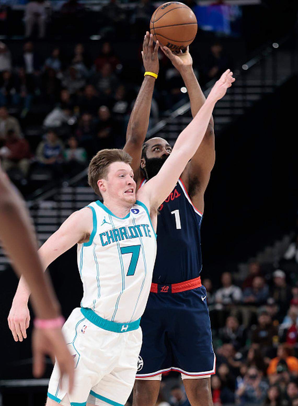 James Harden of the LA Clippers makes a shot against Kon Knueppel of the Charlotte Hornets making him 9th on the NBA all-time scoring list during the second half at Intuit Dome in Inglewood, California.