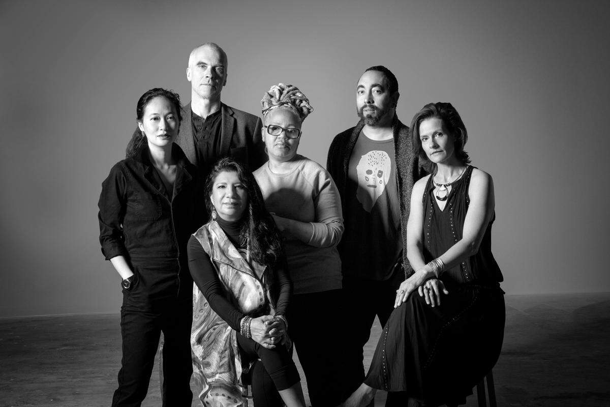 The collaborators behind the Moving Poets art project “We See Heaven Upside Down” at Elder Gallery May 3-June 15: seated artist Rosalia Torres-Weiner (L) and Sonya Pfeiffer (R) of Elder Gallery. Standing, left to right, artists MyLoan Dinh, Till Schmidt-Rimpler, Michelle “Bunny” Gregory, and Nico Amortegui.