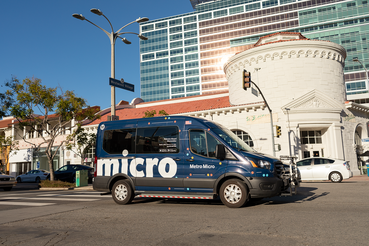 A microtransit van in Los Angeles. The Metro Micro pilot program is serving eight zones across 165 miles where bus service isn’t as frequent and has filled a need for shift workers, after school trips and those with medical needs, said LA’s Metro Micro founder Rani Narula-Woods.