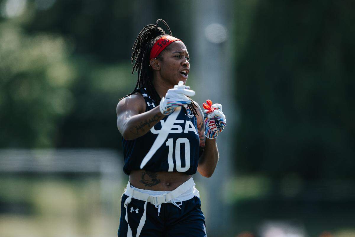 Amber Clark on the field at a USA Football practice on Thursday, May 30, at UNC Charlotte in Charlotte, N.C.