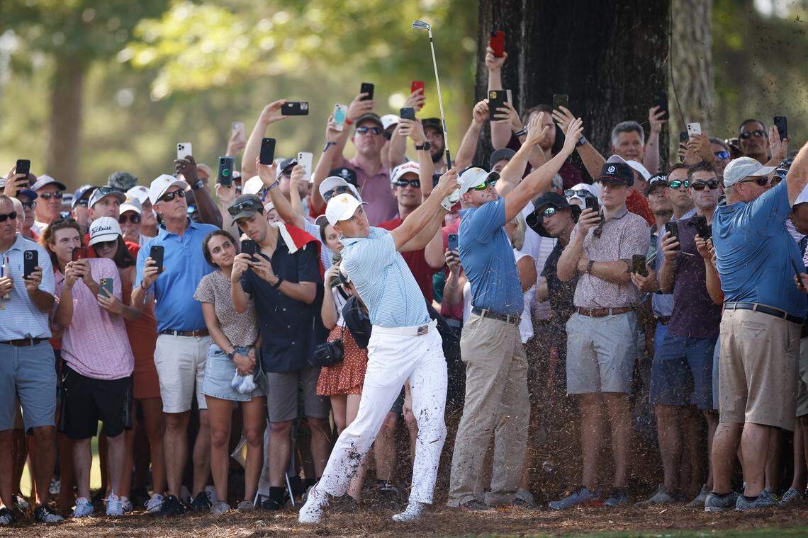 Jordan speith’s second shot from the pine straw on the first of competition of the Presidents Cup at Quail Hollow Club on Thursday, Sept. 22, 2022 in Charlotte, NC.