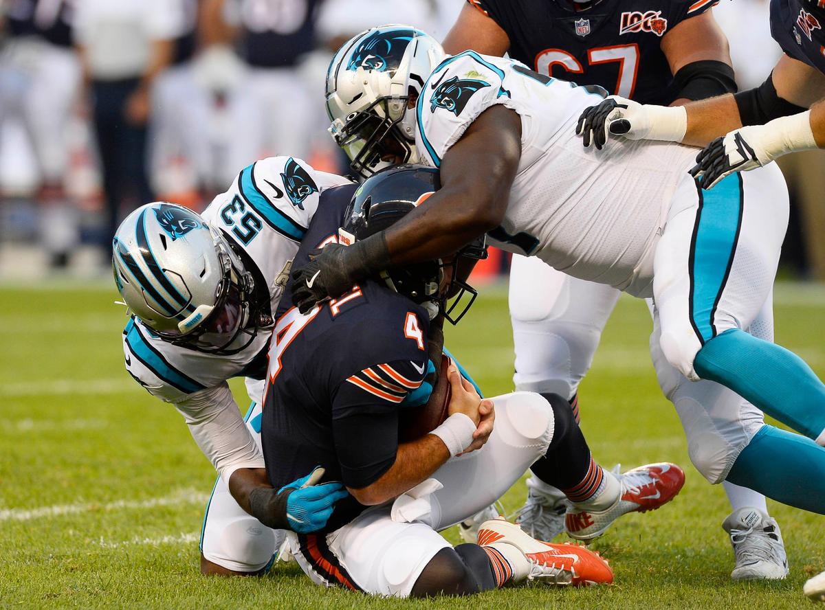 Carolina Panthers rookie edge rusher Brian Burns (53) has four sacks in three preseason games.