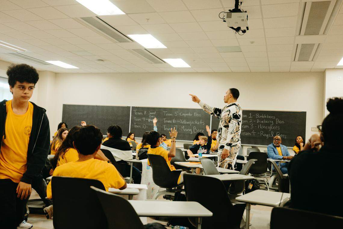 Grant Williams speaks to students at his second annual Hackathon on April 4, 2025.