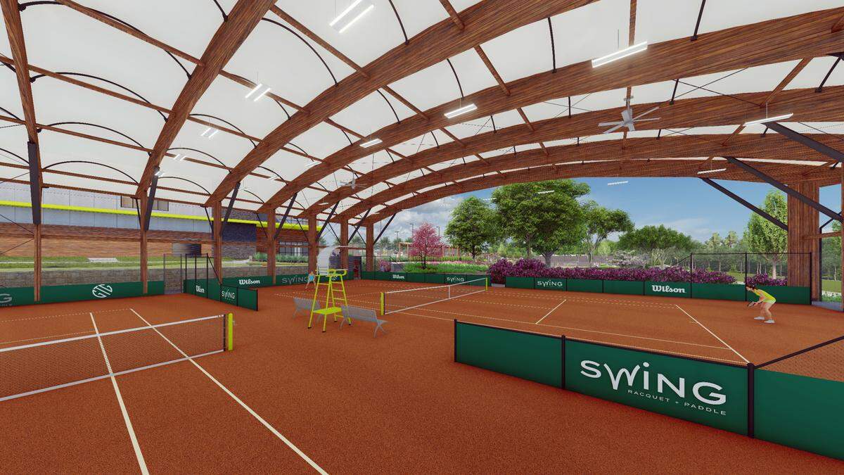 Renderings of Swing Racquet + Paddle opening at 6121 Mt. Herman Rd. in Raleigh.