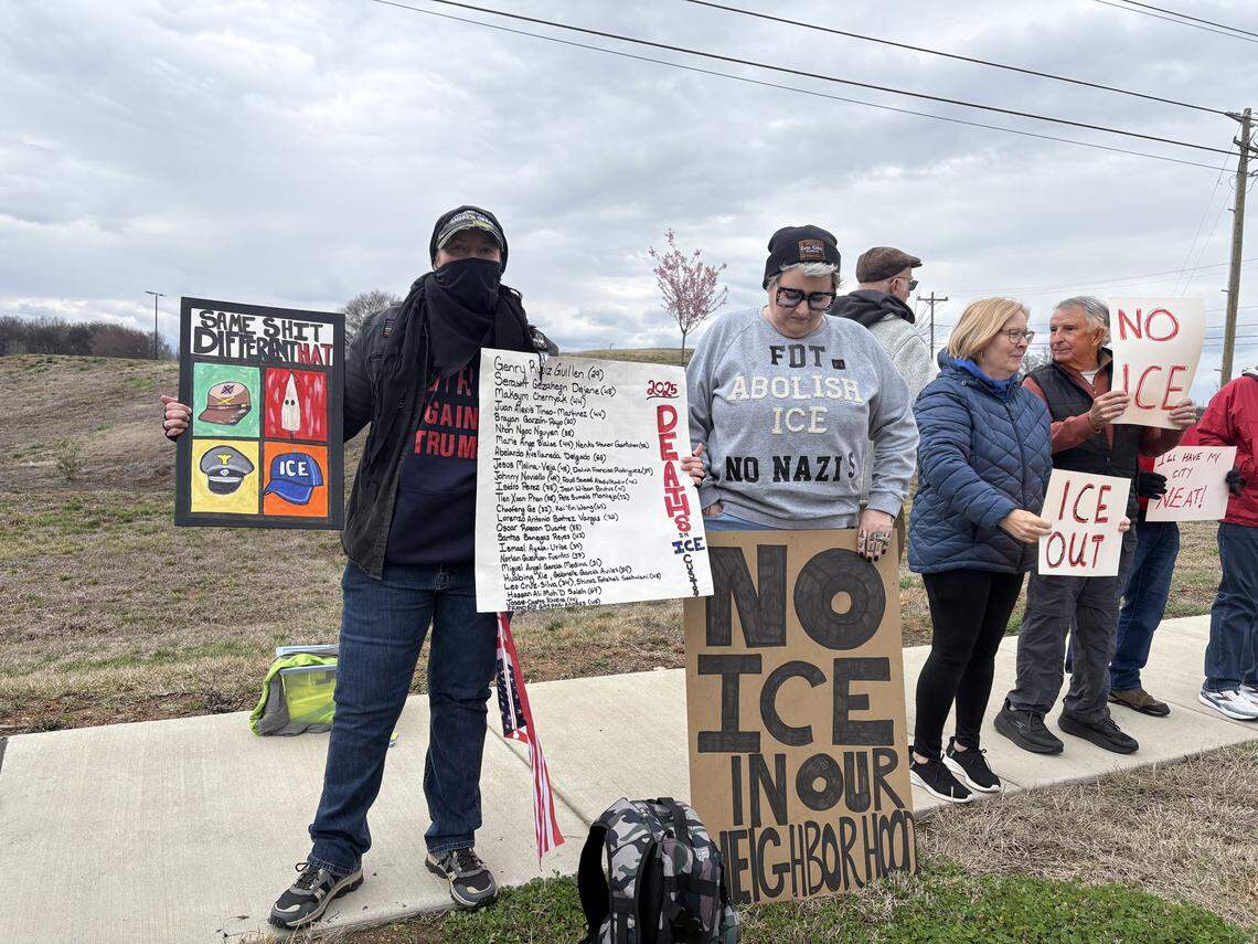 Kelly Kivi and her wife, Jennifer, said they came to support their immigrant neighbors at a protest in Concord on Feb. 22. More anti-ICE protests are planned this weekend, despite Crescent Communities denying that its Concord warehouse would be used as an ICE detention facility 