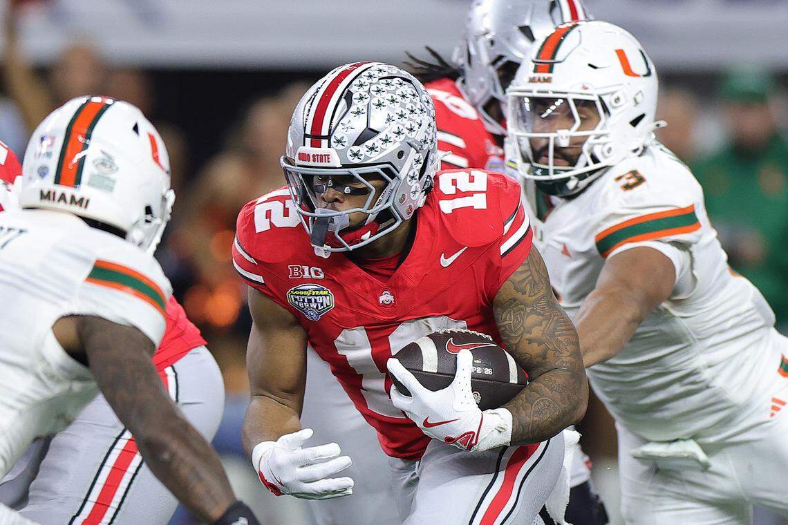 Ohio State Buckeyes running back CJ Donaldson runs with the ball against the Miami Hurricanes in the second quarter during the 2025 College Football Playoff Quarterfinal at the 90th Goodyear Cotton Bowl Classic at AT&T Stadium on December 31, 2025 in Arlington, Texas. (Photo by Alex Slitz/Getty Images)