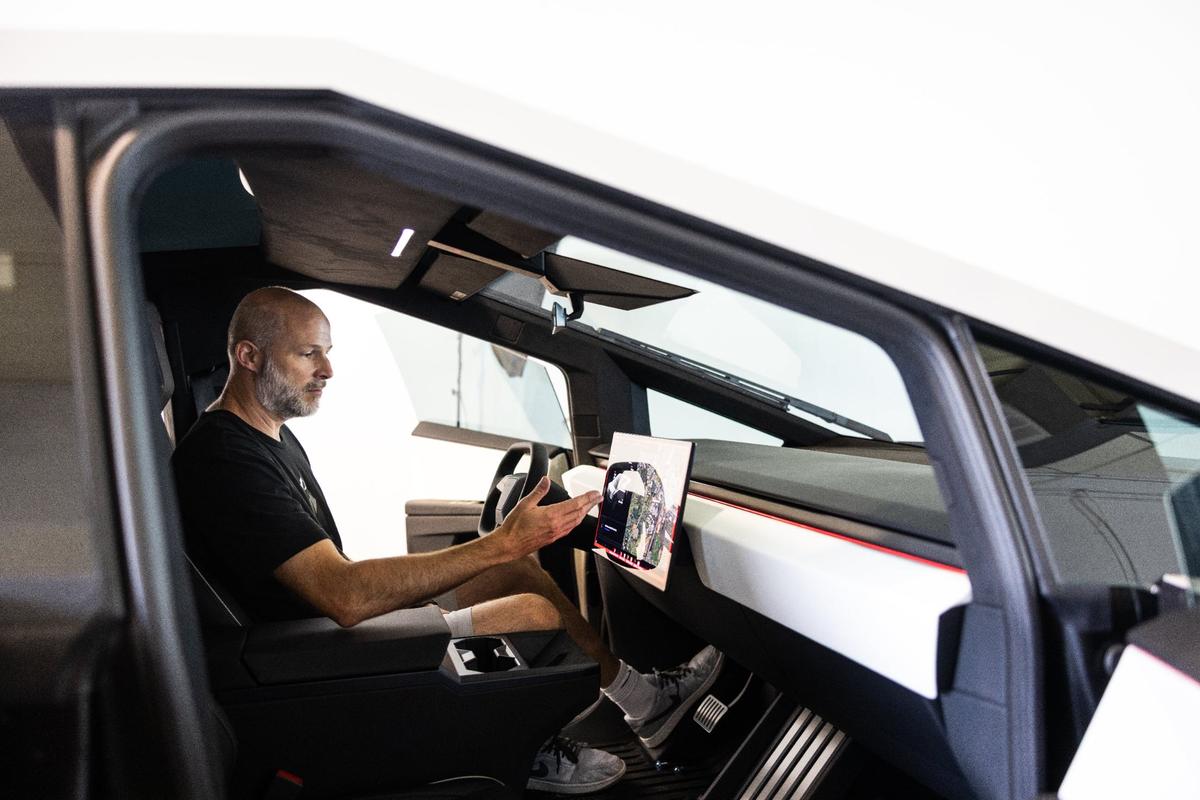 Brian Jenkins operates a Tesla Cybertruck at his shop, i1Customs, in Mooresville.