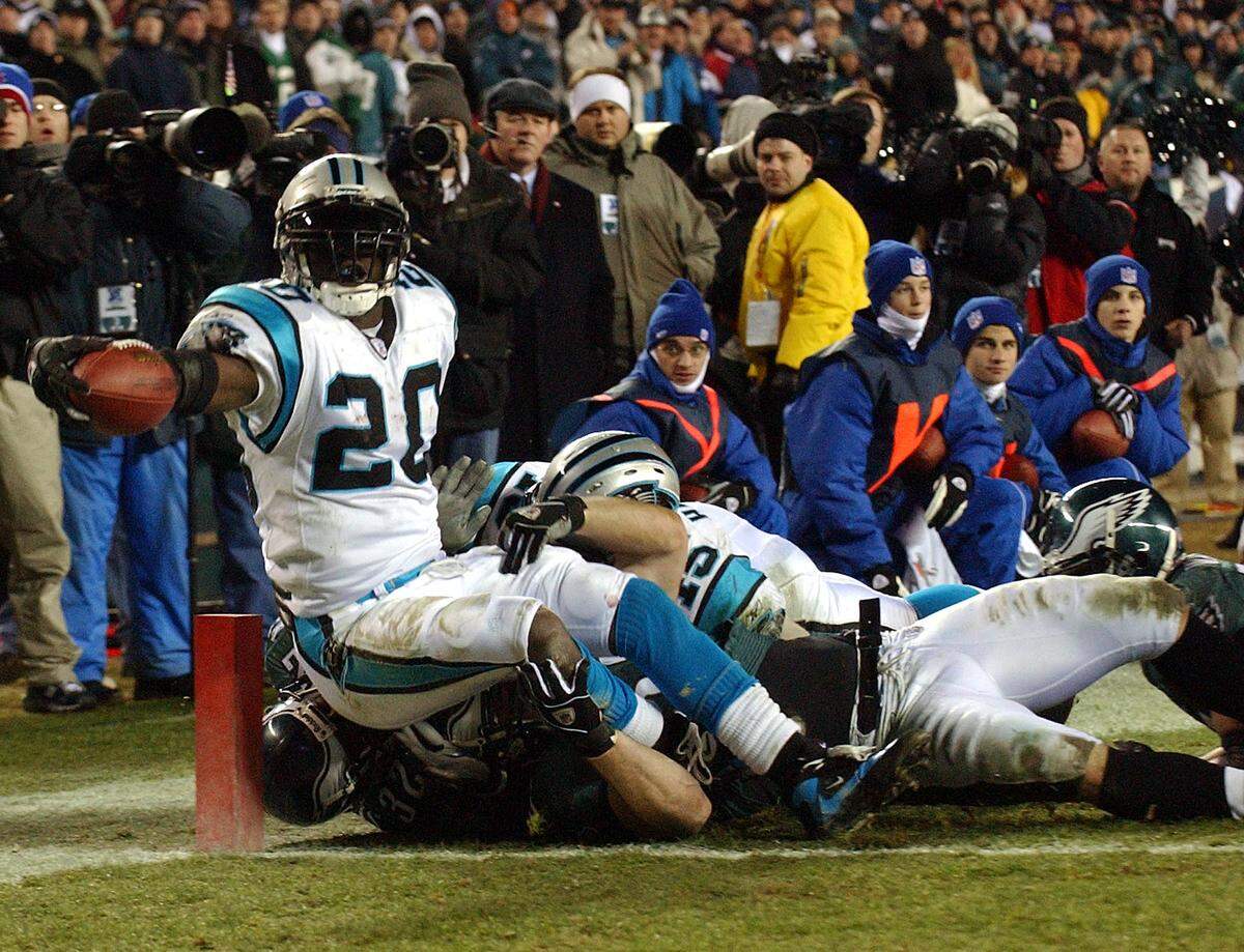 DeShaun Foster broke five tackles on his way to this 1-yard touchdown run at Philadelphia in the NFC Championship game on Jan. 18, 2004.
