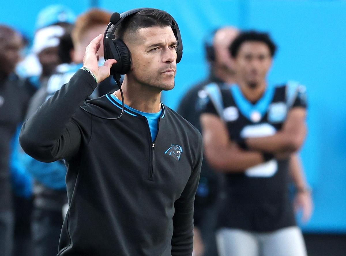 Carolina Panthers head coach Dave Canales waits to speak to an official during fourth quarter action against the New Orleans Saints at Bank of America Stadium in Charlotte, NC on Sunday, November 3, 2024. The Panthers defeated the Saints 23-22.
