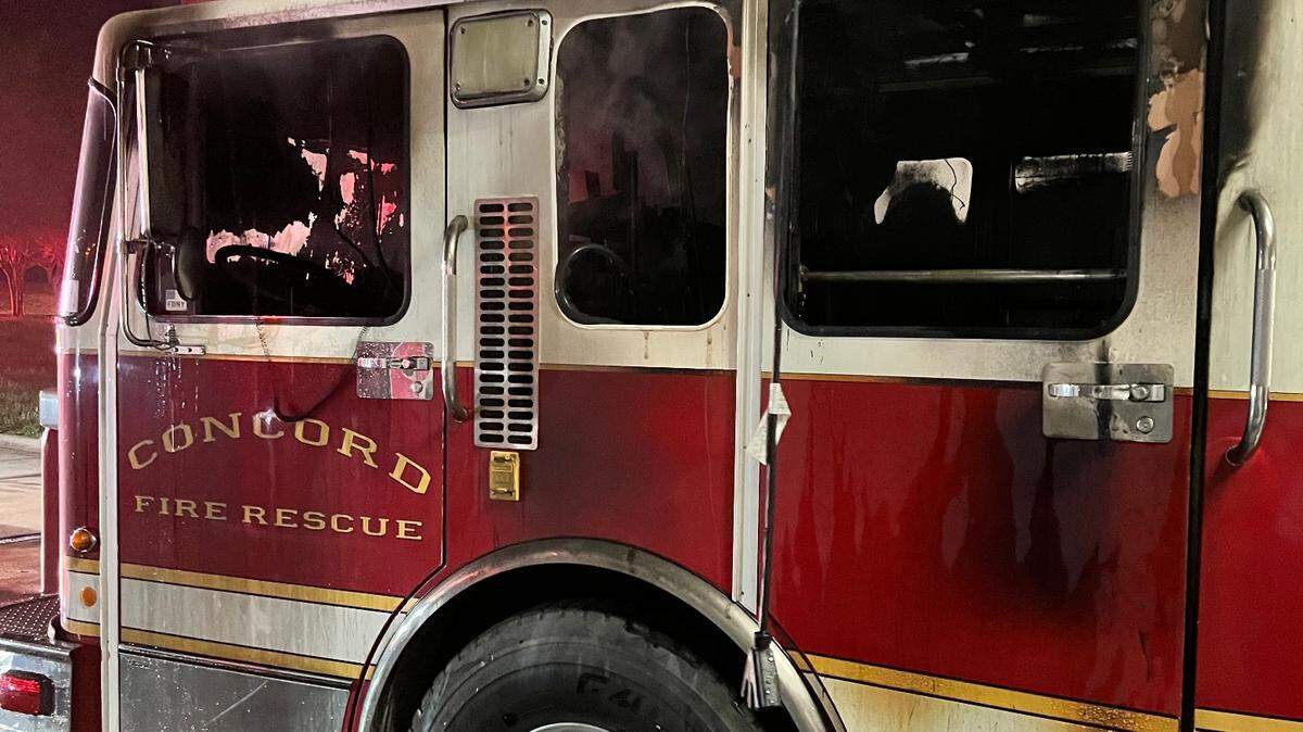 Scorch marks visible on the outside of the reserve ladder truck that caught fire at Concord Fire Station 8 early Thursday morning.