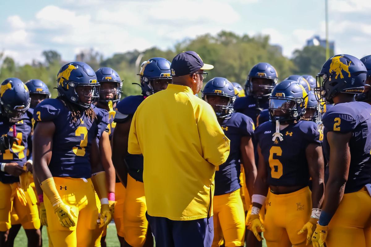 JCSU head coach Maurice Flowers rallies his team with passion and purpose during a timeout against Virginia State at Johnson C Smith University in Charlotte, NC on Saturday, October 5th, 2024