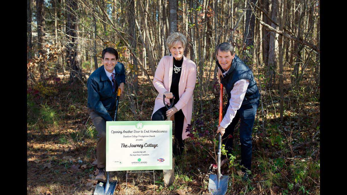 Davidson College Presbyterian Church donated $200,000 to the Hope House Foundation to build an affordable-housing cottage in Huntersvlle. From left are senior pastor Peter Henry; Hope House executive director Debbie O’Handley; and Robert Alexander, associate pastor for discipleship and mission.