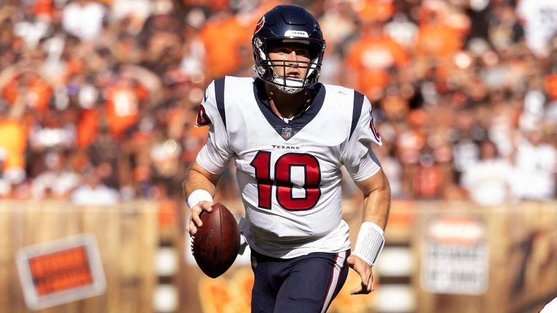 Houston Texans quarterback Davis Mills (10) is likely to get his first NFL start Thursday night against the Carolina Panthers.