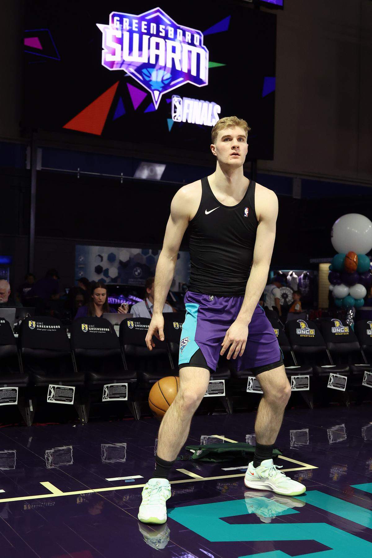 Liam McNeeley of the Greensboro Swarm warms up before the game against the Stockton Kings on April 8, 2026, at the Novant Health Fieldhouse in Greensboro.