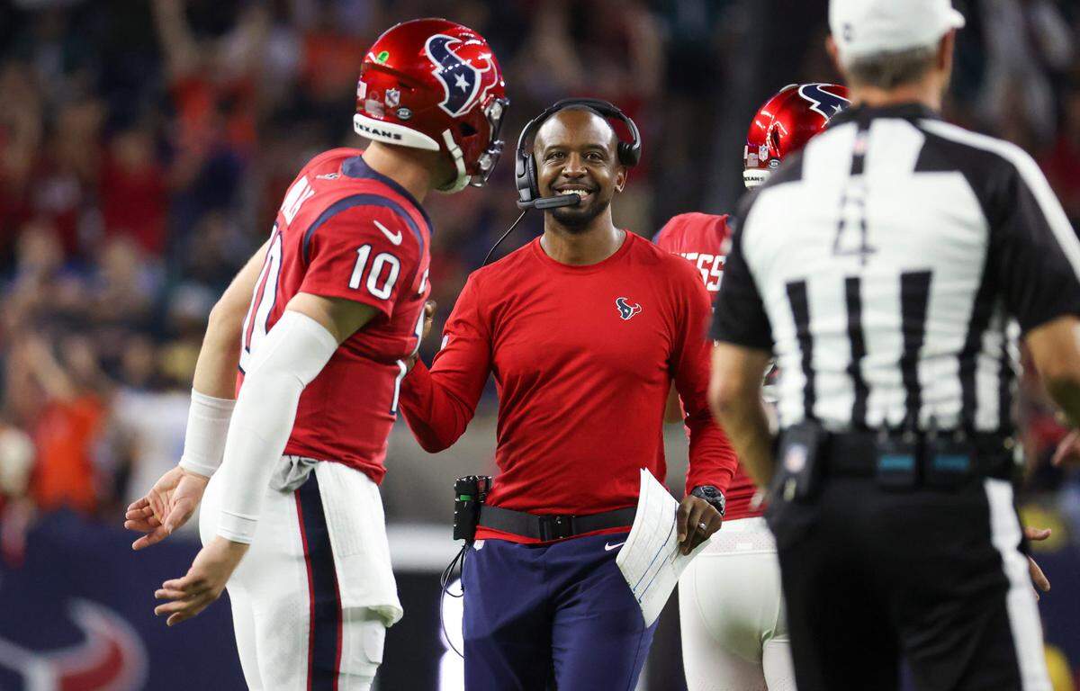 Nov 3, 2022; Houston, Texas, USA; Houston Texans offensive coordinator Pep Hamilton reacts after a replay review of a touchdown during the second quarter against the Philadelphia Eagles at NRG Stadium.