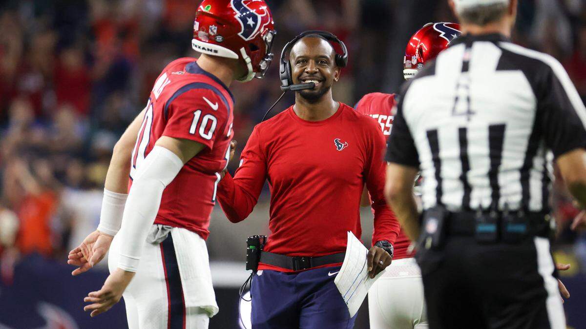 Nov 3, 2022; Houston, Texas, USA; Houston Texans offensive coordinator Pep Hamilton reacts after a replay review of a touchdown during the second quarter against the Philadelphia Eagles at NRG Stadium.