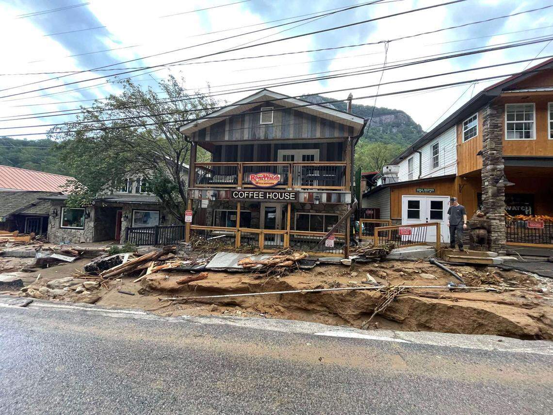 Damage shown at Riverwatch Coffeehouse & Gift Shop in Chimney Rock after Hurricane Helene.