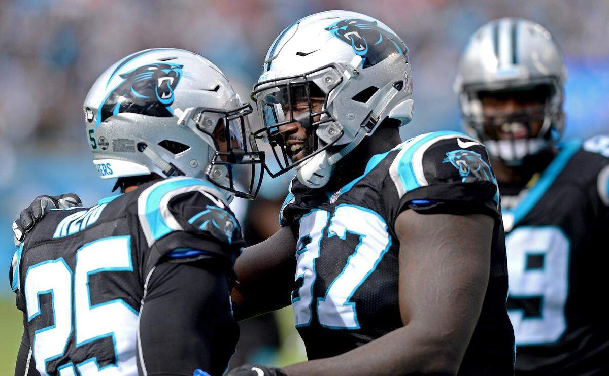 Carolina Panthers defensive end Mario Addison (97) (right) and safety Eric Reid (left) were both limited in practices this week ahead of the Panthers’ Thursday Night Football game at Pittsburgh.