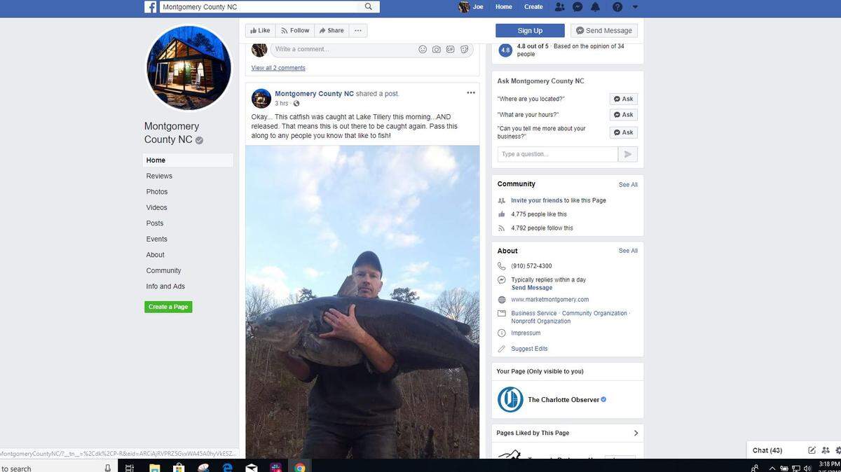 NC fisherman Kevin Moore caught a giant catfish on Lake Tillery on Tuesday morning, according to a Montgomery County Facebook post.