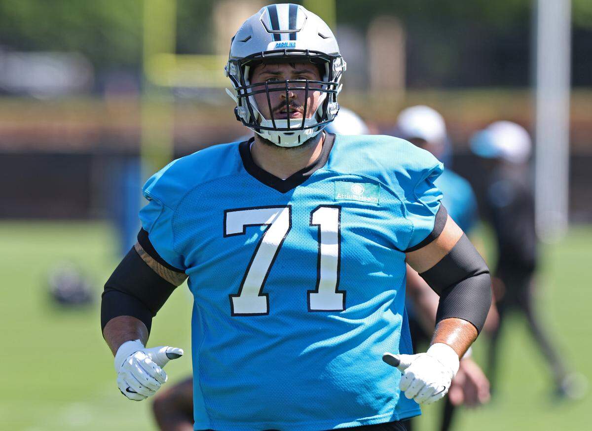 Carolina Panthers rookie lineman Michael Tarquin runs through drills with his teammates during the team’s rookie minicamp practice on Friday, May 9, 2025.