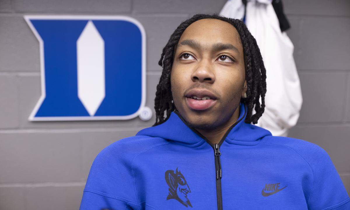Duke forward Isaiah Evans talks with the media in the Blue Devils’ locker room before their practice on Friday, March 19, 2026 at Bon Secours Arena in Greenville, S.C. The Blue Devils will face TCU in the second round of the NCAA Tournament. 