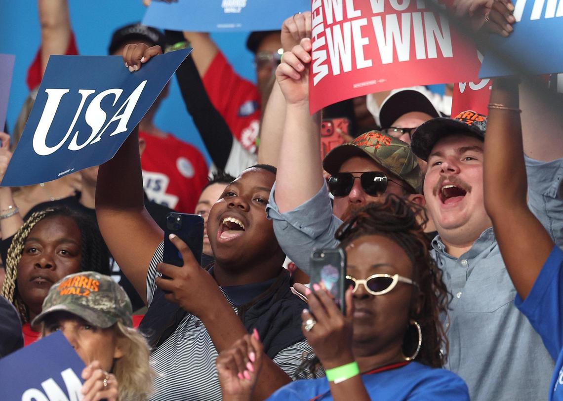 Supporters for Vice President Kamala Harris cheer during a rally at PNC Music Pavilion on Saturday, November 2, 2024.