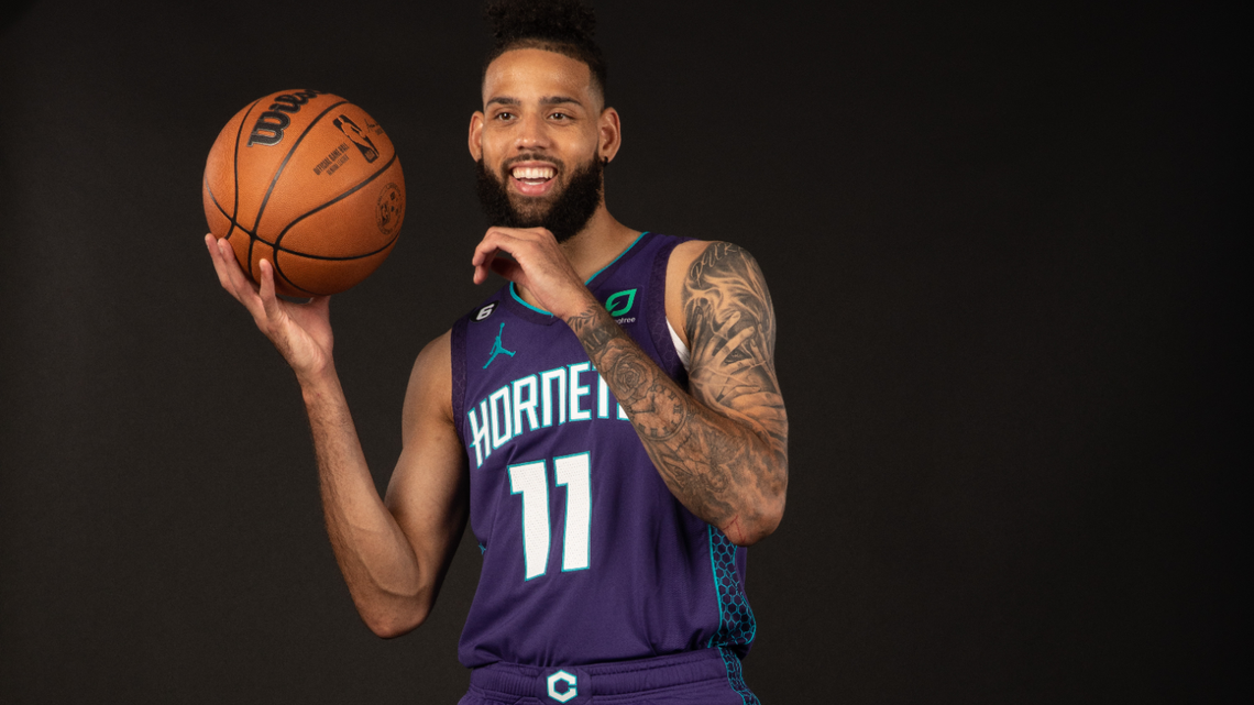Charlotte Hornets forward Cody Martin wears one of the team’s new Statement Edition uniforms during a photo shoot this week. The Hornets unveiled their new uniforms on Thursday, Sept. 15, 2022.